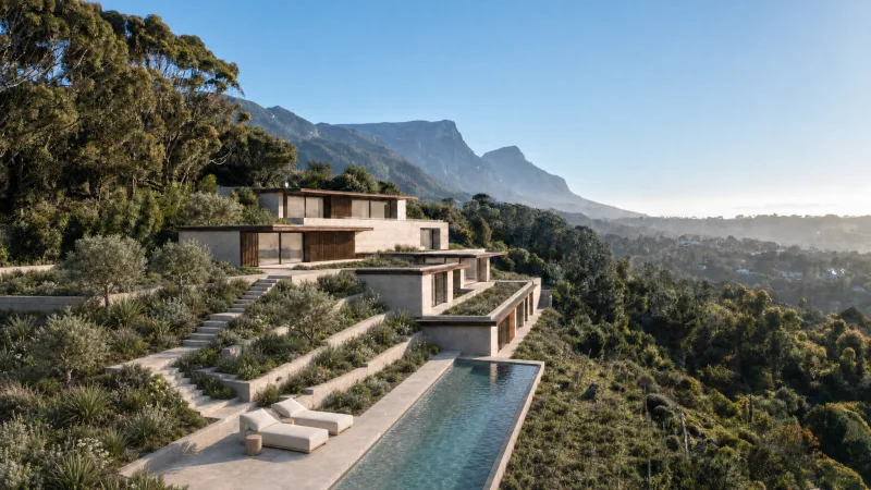 Concept study, not an existing residence: a real drone photograph of the plot on its wooded slope, with the concept residence, planted stone terraces and a long pool placed into it digitally, and the mountains and valley beyond.