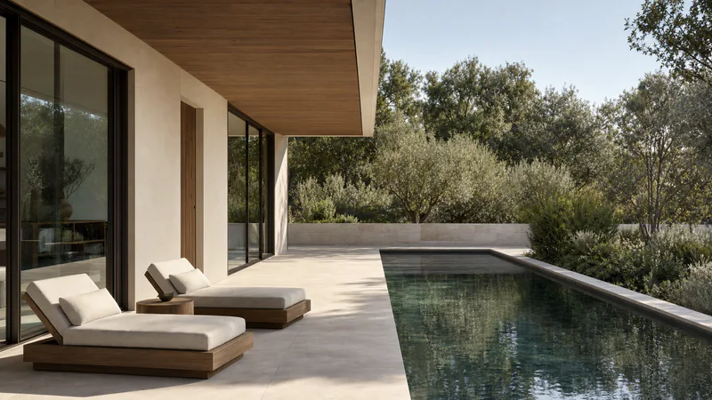 Concept visualisation, not an existing residence: a shaded pool terrace with an oak soffit over floor-to-ceiling glazing, two loungers on pale stone paving and a long pool framed by olive trees.