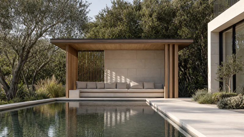 Concept visualisation, not an existing residence: a pool pavilion with oak battens and a cushioned stone bench, set behind a long reflecting pool and framed by olive trees.