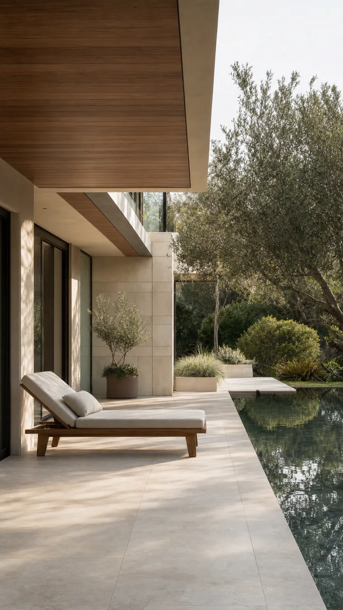 Concept visualisation, not an existing residence: a single lounger on a stone terrace beside a narrow pool, under a deep oak soffit, with an olive tree and planted beds beyond.