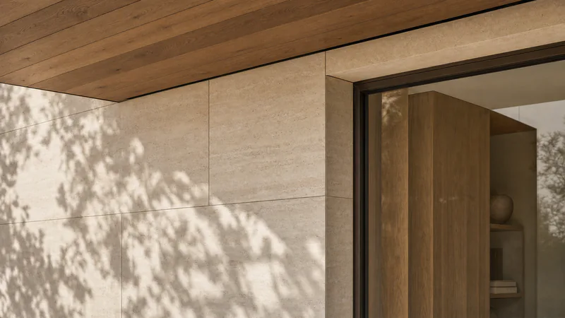 Concept visualisation, not an existing residence: a limestone wall under an oak soffit, with soft leaf shadows and a recessed window revealing oak joinery inside.