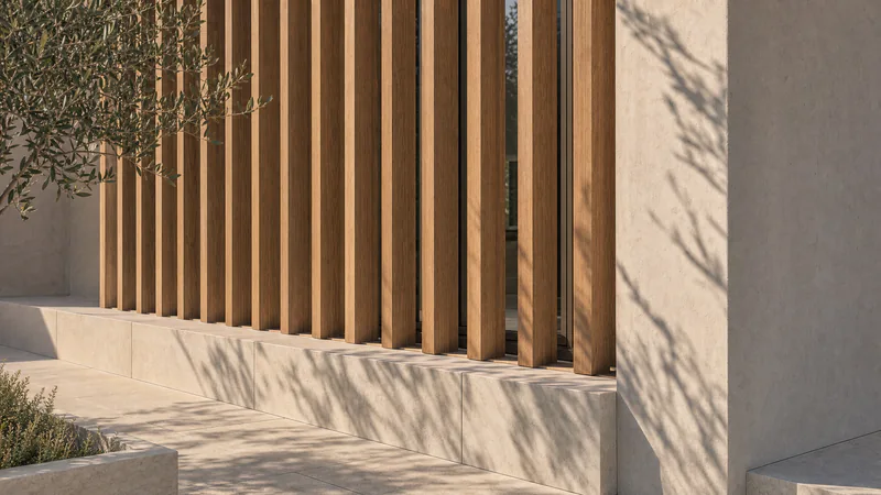 Concept visualisation, not an existing residence: vertical oak battens standing on a limestone plinth, with olive branches and leaf shadows on the stone.