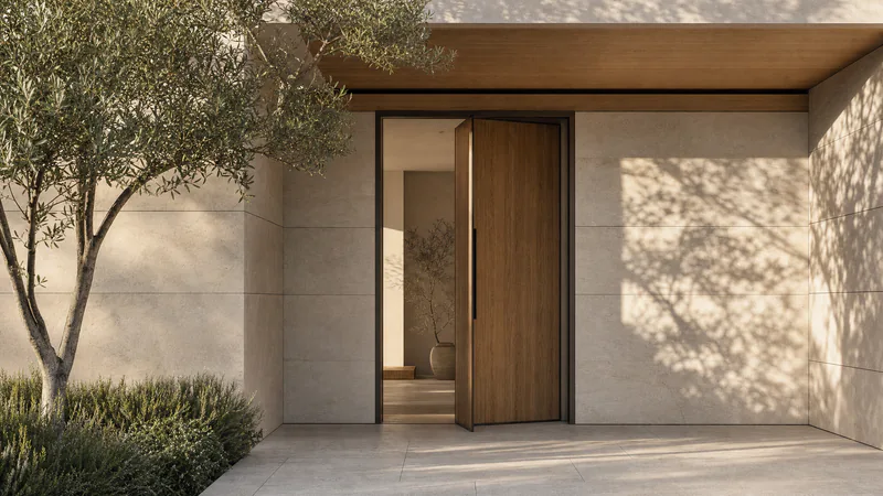 Concept visualisation, not an existing residence: an entrance with a tall oak pivot door set into a limestone wall under an oak soffit, with an olive tree beside it.