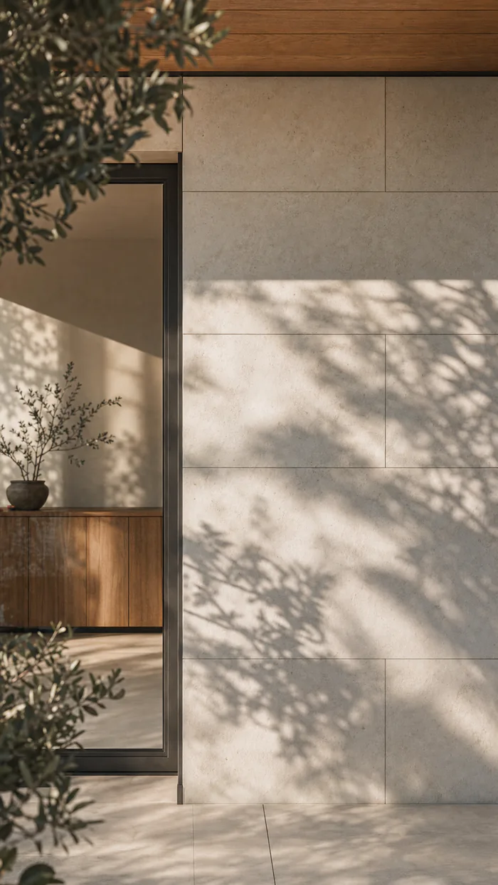 Concept visualisation, not an existing residence: a pale limestone facade in dappled olive shade, beside a slim dark window frame with oak joinery inside.