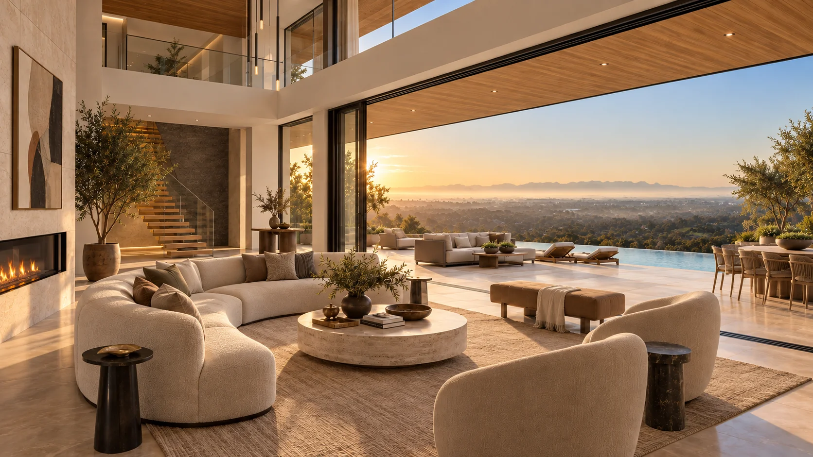 Architectural concept of a living space opening onto a terrace and valley view. Not an existing residence.