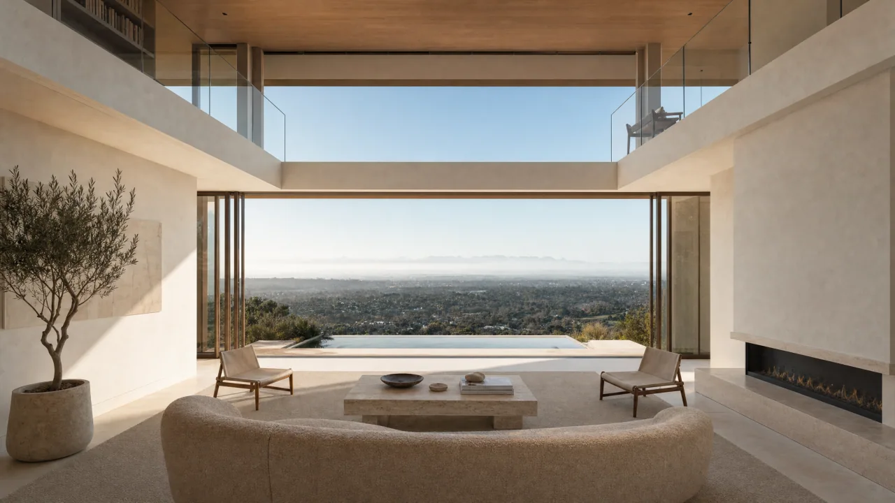 Concept visualisation of a double-height living room: a curved sofa and a potted olive tree in front of full-height glazing that opens onto a pool terrace and a wide valley view. Not a site photograph.