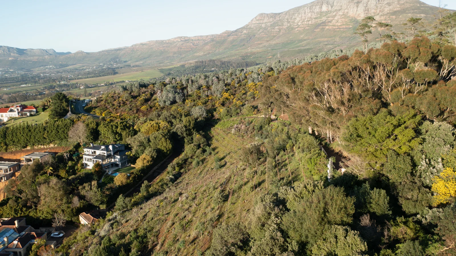 Real photograph of the mountain and residential landscape around the site.
